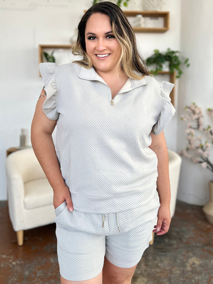 Double Take Full Size Texture Flounce Sleeve Top and Drawstring Shorts Set Apparel/Tops Double Take Ship from USA TikTok Tops Trendsi USPS Walmart Walmart Apparel Trendsi https://www.cyberehub.com