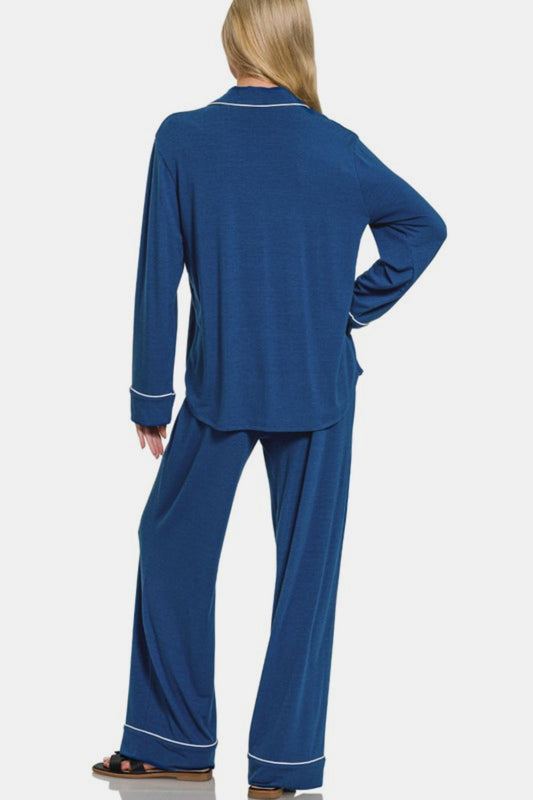 Zenana Button Down Long Sleeve Top and Pants Lounge Set Apparel Apparel Ship from USA TikTok Trendsi Zenana Trendsi https://www.cyberehub.com