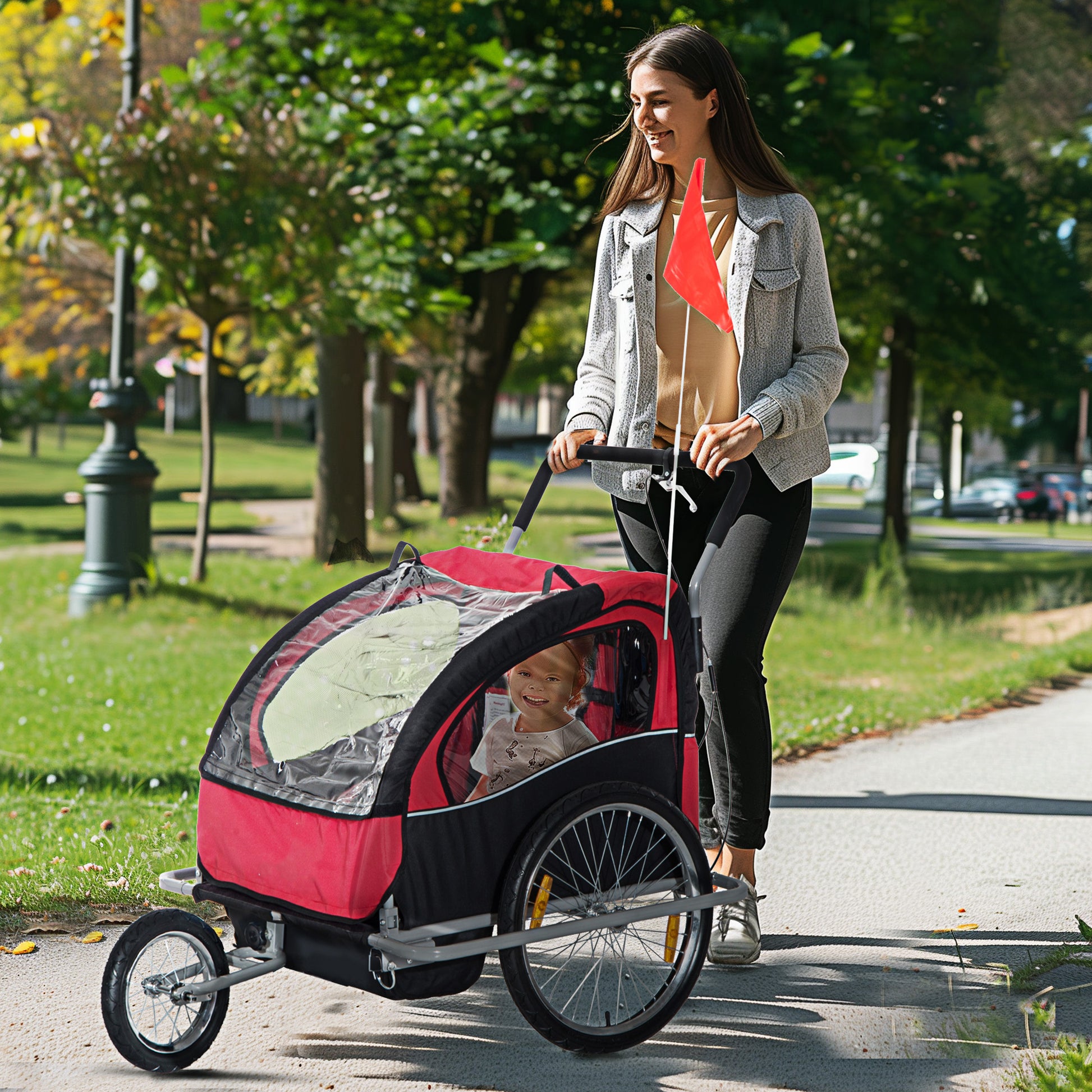 Aosom Elite Three-Wheel Bike Trailer for Kids Bicycle Cart for Two Children with 2 Security Harnesses & Storage, Red Car Giga GNJ Toys Walmart Giga https://www.cyberehub.com