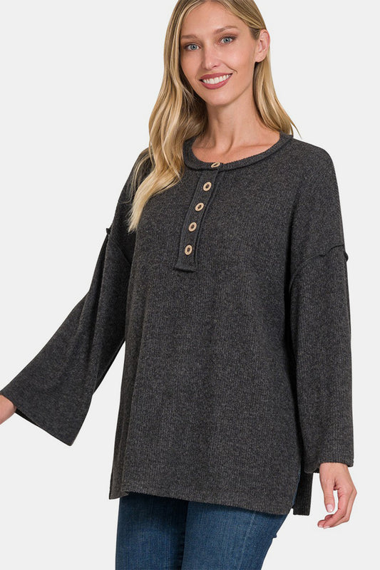 Zenana Full Size Ribbed Half Button Slit Knit Top Black Tops/Jackets/Sweaters Clothing Tops Ship from USA TikTok Trendsi USPS Walmart Zenana Trendsi https://www.cyberehub.com