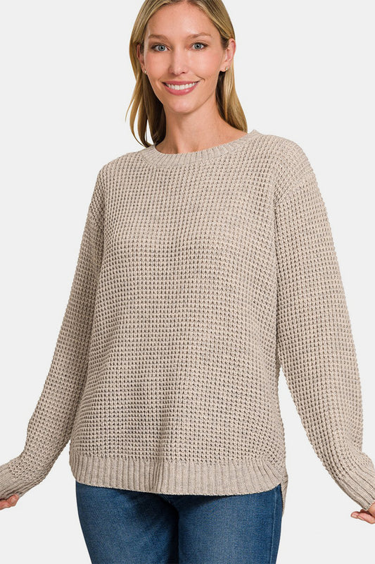 Zenana High Low Long Sleeve Waffle Sweater H Mocha Shirt Apparel Clothing Tops Ship from USA Shirts USA Women Zenana Trendsi https://www.cyberehub.com