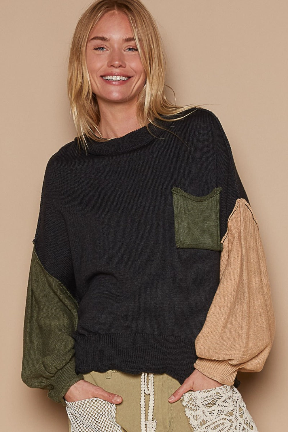 POL Color Block Roll Hem Hacci Sweater Black Tops/Jackets/Sweaters Clothing Tops POL Ship from USA TikTok Trendsi USPS Walmart Trendsi https://www.cyberehub.com