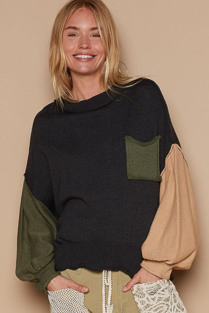 POL Color Block Roll Hem Hacci Sweater Black Tops/Jackets/Sweaters Clothing Tops POL Ship from USA TikTok Trendsi USPS Walmart Trendsi https://www.cyberehub.com