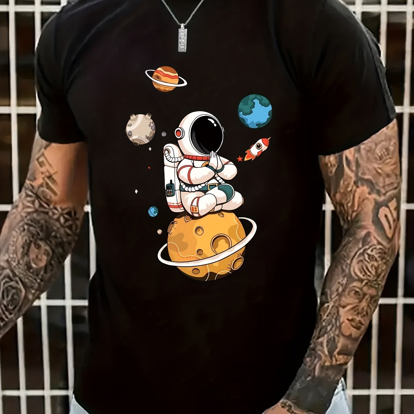 Summer Men's Casual Street Style Elastic Round Neck T-shirt With Cartoon Astronaut And Planet Patterns Black Apparel/Shirt/Graphic Shirt SNULLO https://www.cyberehub.com