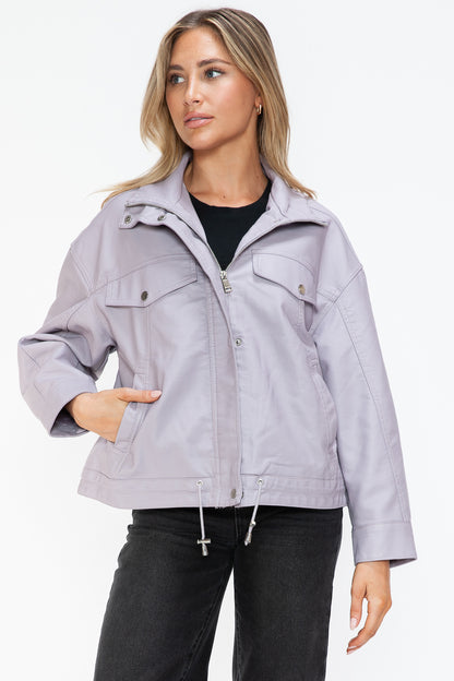 How Dare U Drawstring Hem PU Leather Zip Up Jacket Apparel Featured How Dare U Ship from USA Tiktok Trendsi USA USPS Walmart Trendsi https://www.cyberehub.com