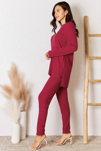 Basic Bae Full Size Ribbed Round Neck High-Low Slit Top and Pants Set Apparel/Tops Basic Bae Ship from USA TikTok Tops Trendsi USPS Walmart Walmart Apparel Trendsi https://www.cyberehub.com