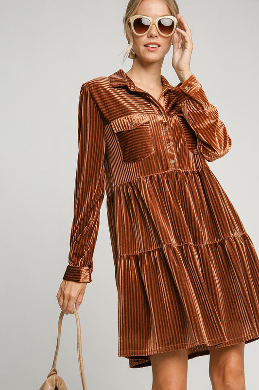 Umgee Texture Tiered Collared Long Sleeve Dress Copper Apparel/Dress Dress Ship from USA TikTok Trendsi Umgee USA USPS Walmart Walmart Apparel Trendsi https://www.cyberehub.com