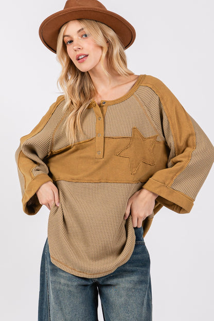 SAGE + FIG Star Applique Patch Exposed Seam Waffle Knit Top Olive Shirt Apparel Clothing Tops SAGE+FIG Ship from USA Shirts USA Women Trendsi https://www.cyberehub.com