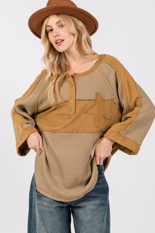 SAGE + FIG Star Applique Patch Exposed Seam Waffle Knit Top Olive Shirt Apparel Clothing Tops SAGE+FIG Ship from USA Shirts USA Women Trendsi https://www.cyberehub.com