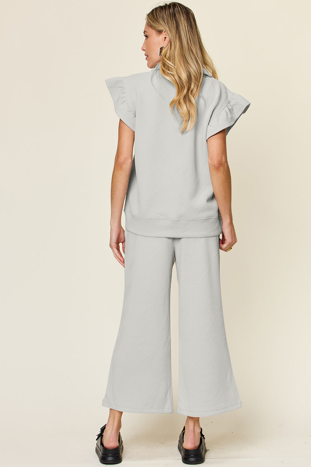 Double Take Texture Ruffle Short Sleeve Top and Drawstring Wide Leg Pants Set Apparel/Tops Double Take Ship from USA TikTok Tops Trendsi USPS Walmart Walmart Apparel Trendsi https://www.cyberehub.com