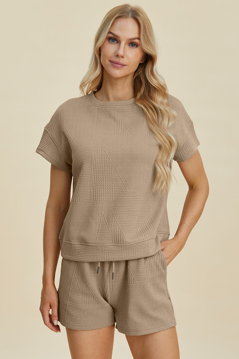 Double Take Full Size Texture Short Sleeve Top and Shorts Set Khaki Tops/Jackets/Sweaters Clothing Tops Double Take Outlets 2.20-3.30 Ship from USA TikTok Trendsi USPS Walmart Trendsi https://www.cyberehub.com