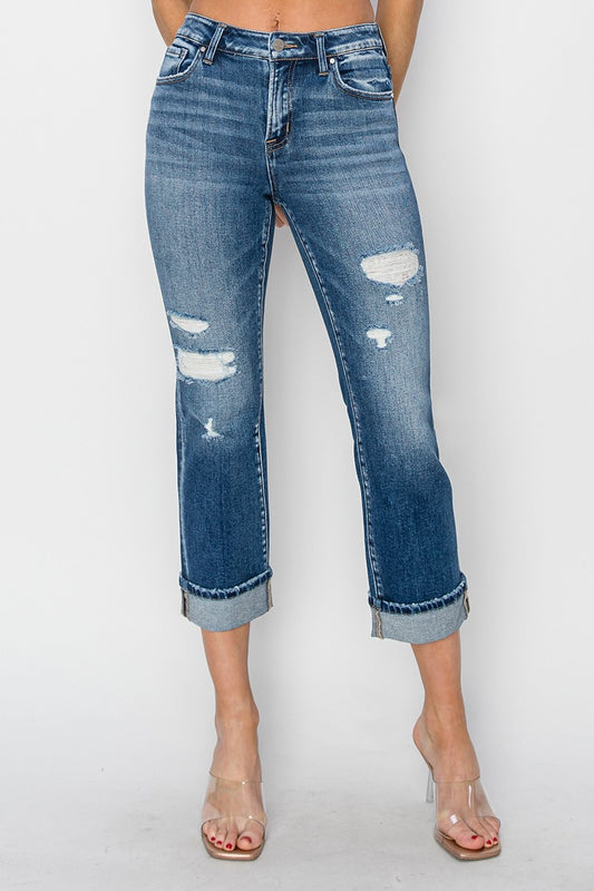 RISEN Full Size Cuffed Ankle Distressed Straight Jeans Dark Bottoms Bottoms Clothing RISEN Ship from USA Women Trendsi https://www.cyberehub.com
