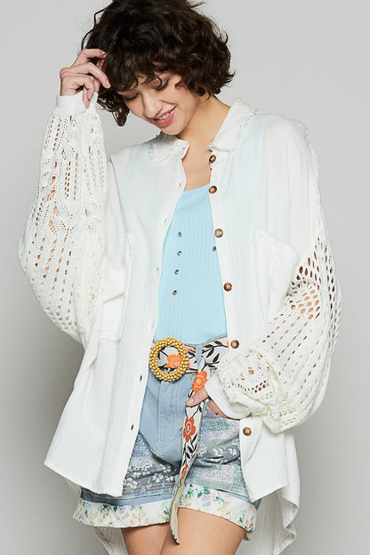 POL Openwork Lantern Sleeve Button Down Gauze Shirt White Apparel Apparel POL Ship from USA TikTok Trendsi Trendsi https://www.cyberehub.com