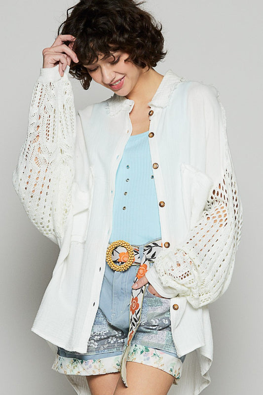 POL Openwork Lantern Sleeve Button Down Gauze Shirt White Apparel Apparel POL Ship from USA TikTok Trendsi Trendsi https://www.cyberehub.com