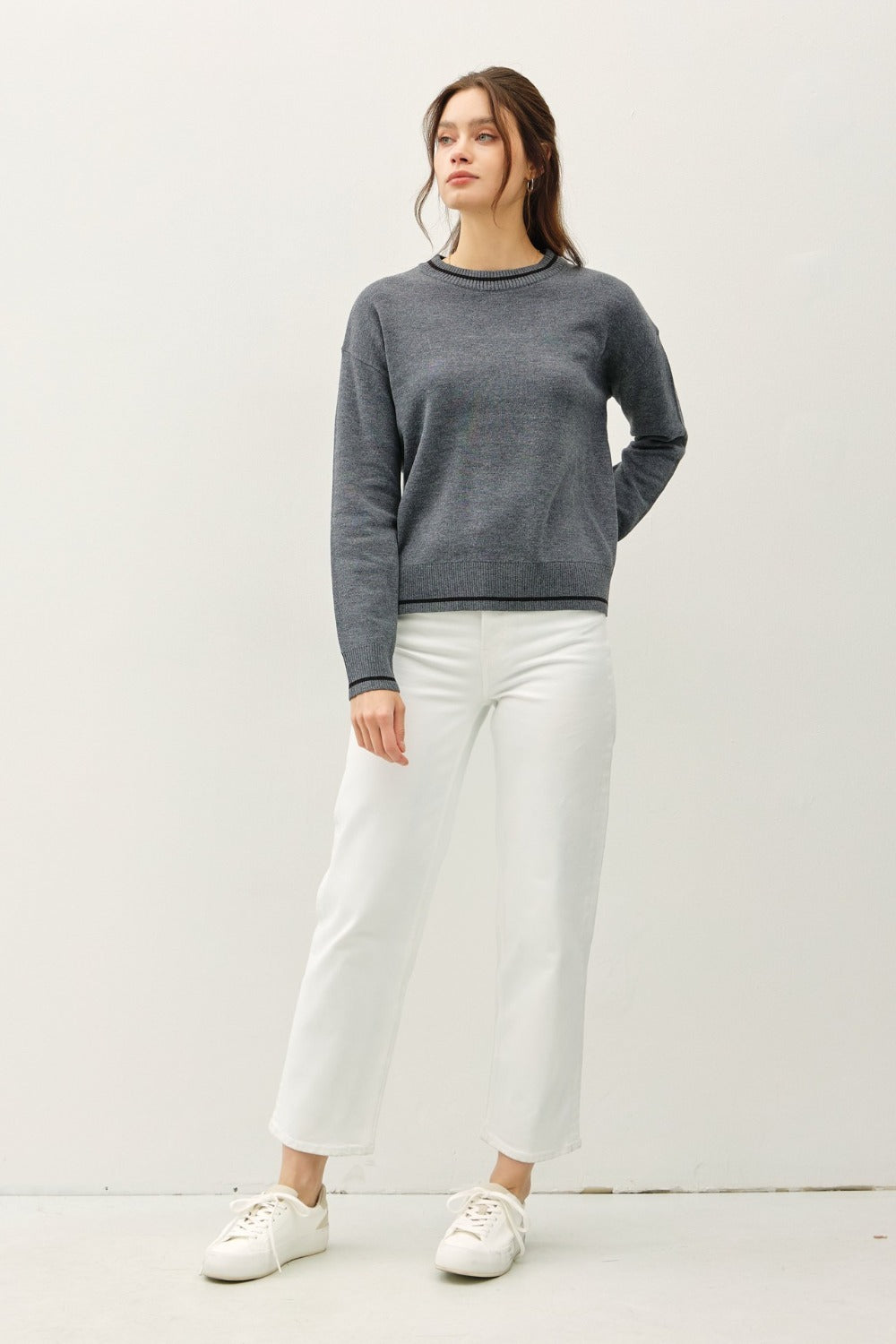 Be Cool Striped Trim Round Neck Long Sleeve Sweater Tops/Jackets/Sweaters BE COOL Clothing Tops Ship from USA TikTok Trendsi USPS Walmart Trendsi https://www.cyberehub.com