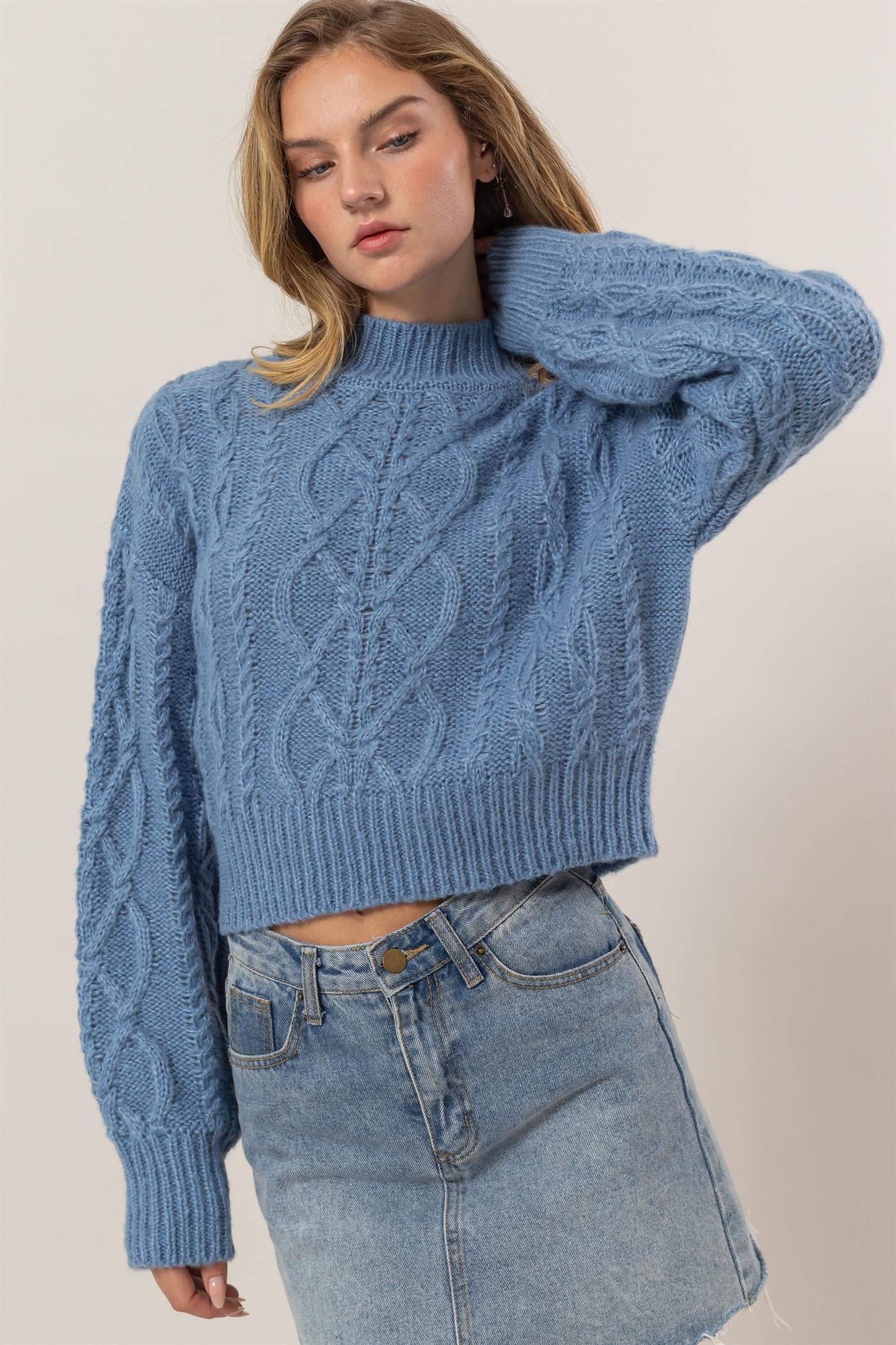 HYFVE Cable-Knit Mock Neck Dropped Shoulder Sweater Gray Blue Apparel Featured HYFVE Ship from USA Tiktok Trendsi USA USPS Walmart Trendsi https://www.cyberehub.com