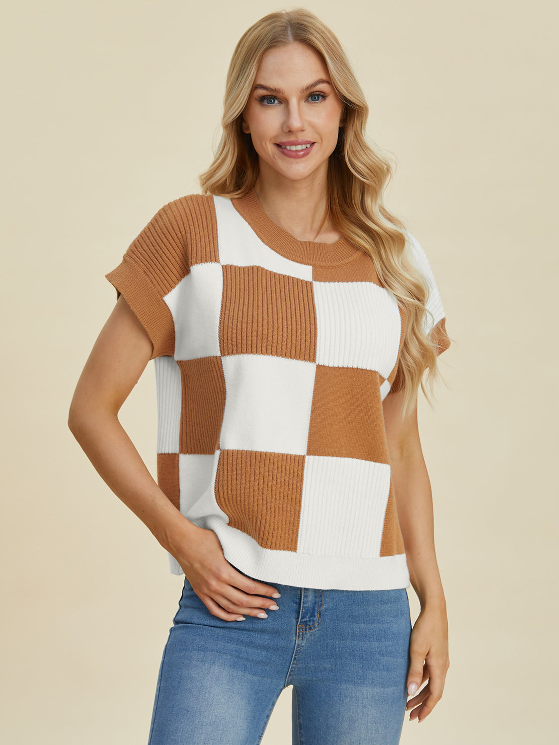 Double Take Full Size Checkered Round Neck Short Sleeve Sweater Shirt Apparel Clothing Tops Double Take Ship from USA Shirts USA Women Trendsi https://www.cyberehub.com