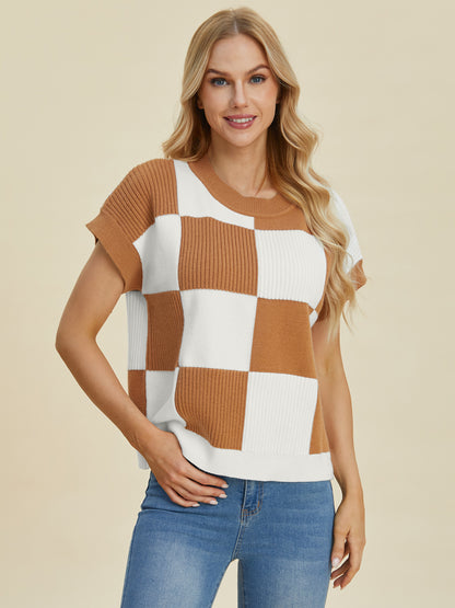 Double Take Full Size Checkered Round Neck Short Sleeve Sweater Shirt Apparel Clothing Tops Double Take Ship from USA Shirts USA Women Trendsi https://www.cyberehub.com