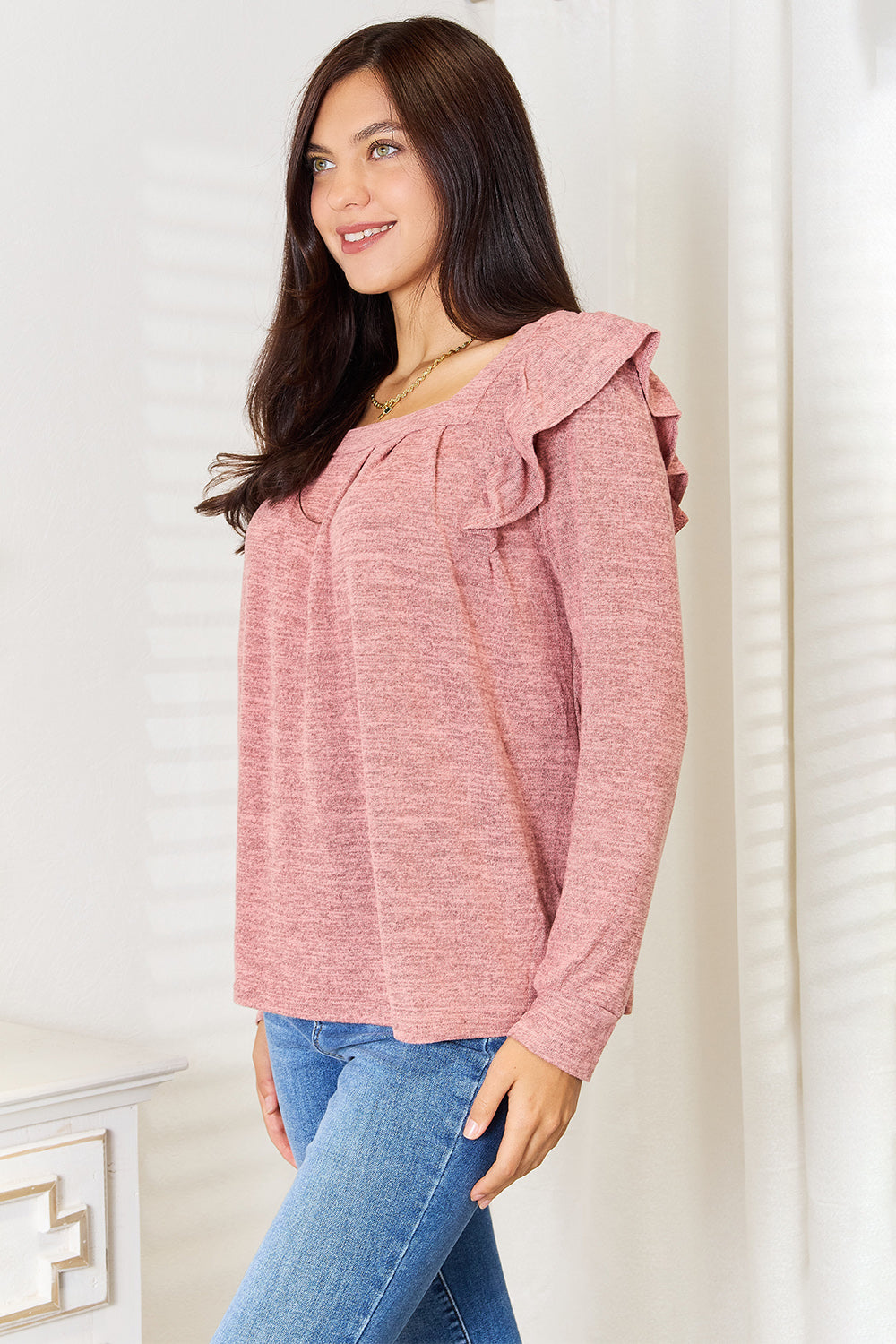 Double Take Square Neck Ruffle Shoulder Long Sleeve T-Shirt Apparel/Tops Double Take Ship from USA TikTok Tops Trendsi USPS Walmart Walmart Apparel Trendsi https://www.cyberehub.com
