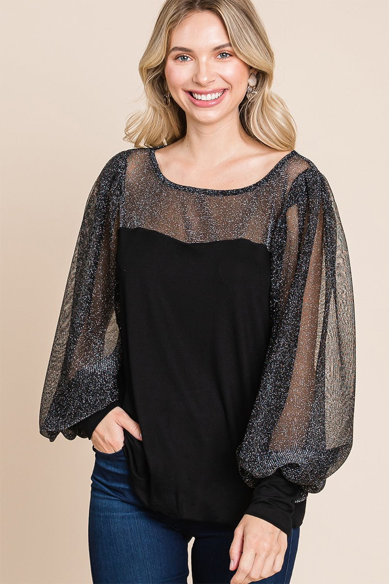 Super Lady Full Size Metallic Mesh Lantern Sleeve Blouse Apparel/Tops Ship from USA Super Lady TikTok Tops Trendsi USPS Walmart Walmart Apparel Trendsi https://www.cyberehub.com