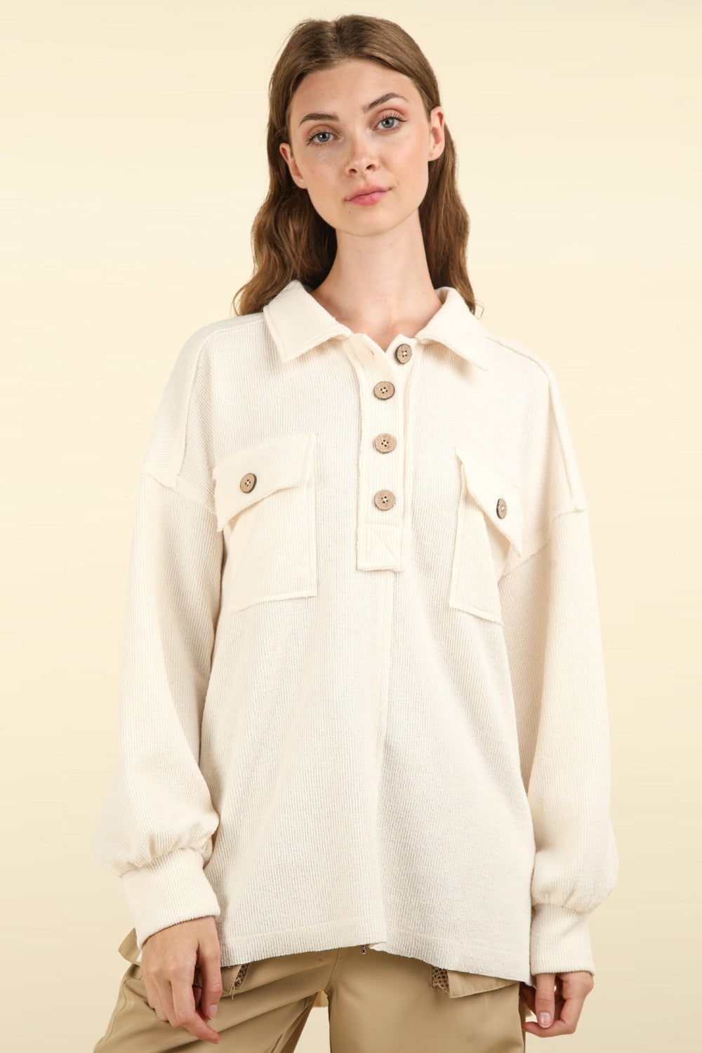 VERY J Collared Half Button Knit Top with Pockets Cream Shirt Apparel Clothing Tops price-change-job-active Ship from USA Shirts USA VERY J Women Trendsi https://www.cyberehub.com