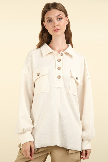 VERY J Collared Half Button Knit Top with Pockets Cream Shirt Apparel Clothing Tops price-change-job-active Ship from USA Shirts USA VERY J Women Trendsi https://www.cyberehub.com