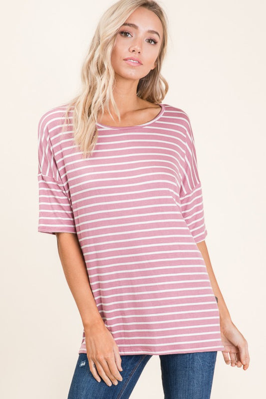 BOMBOM Striped Round Neck Half Sleeve T-Shirt Mauve Apparel/Tops BOMBOM Ship from USA TikTok Tops Trendsi USPS Walmart Walmart Apparel Trendsi https://www.cyberehub.com