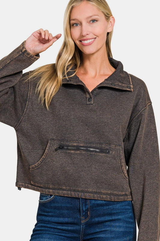 Zenana Acid Wash Fleece Half Snap Sweatshirt with Pocket Tops/Jackets/Sweaters Clothing Tops Ship from USA TikTok Trendsi USPS Walmart Zenana Trendsi https://www.cyberehub.com