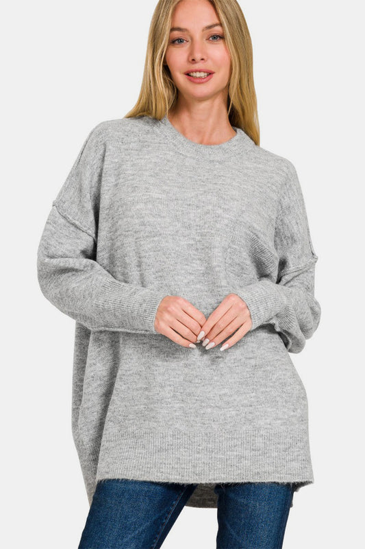 Zenana High-Low Hem Drop Shoulder Sweater Grey Shirt Apparel Clothing Tops Ship from USA Shirts USA Women Zenana Trendsi https://www.cyberehub.com
