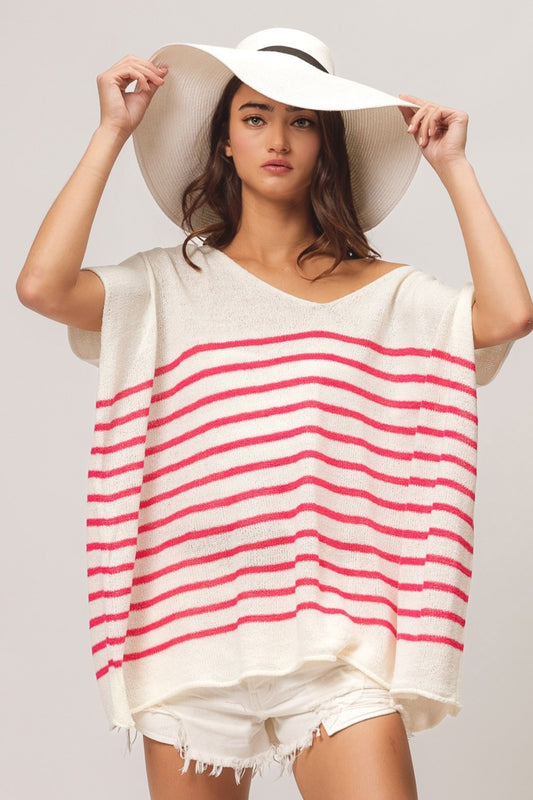 BiBi V Neck Striped Short Sleeve Top Fuchsia Apparel/Tops BiBi Ship from USA TikTok Tops Trendsi USPS Walmart Walmart Apparel Trendsi https://www.cyberehub.com