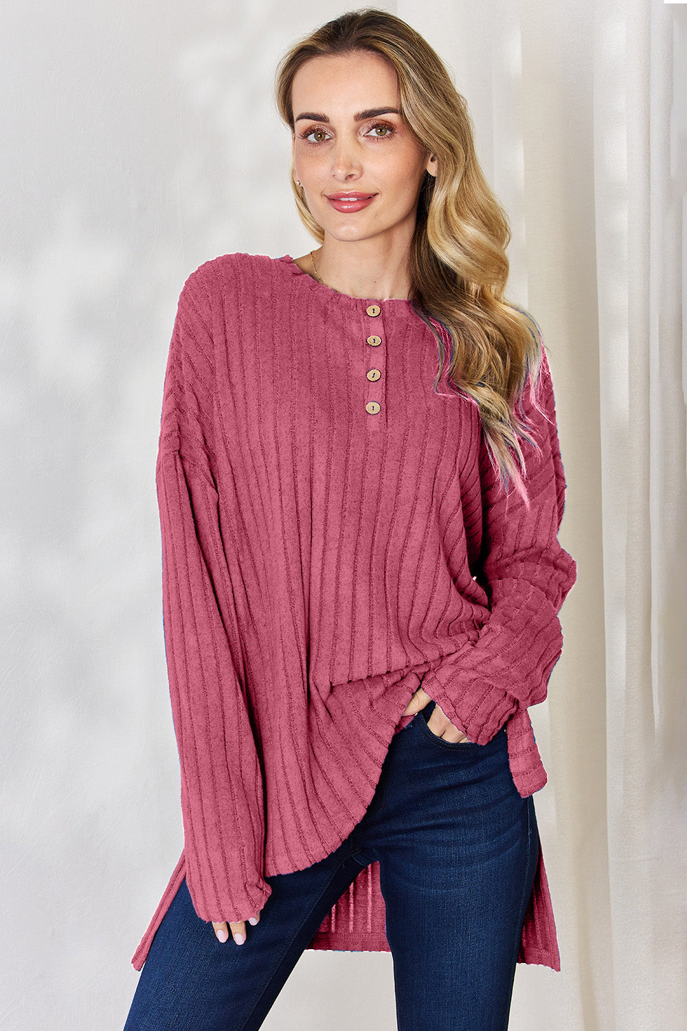 Basic Bae Full Size Ribbed Half Button Long Sleeve High-Low T-Shirt Hot Pink Apparel/Tops Basic Bae Ship from USA TikTok Tops Trendsi USPS Walmart Walmart Apparel Trendsi https://www.cyberehub.com