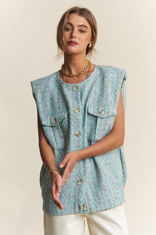 J.NNA Frayed Tweed Padded Shoulder Vest Celeste Blue Shirt Apparel Clothing Tops J.NNA Ship from USA Shirts USA Women Trendsi https://www.cyberehub.com