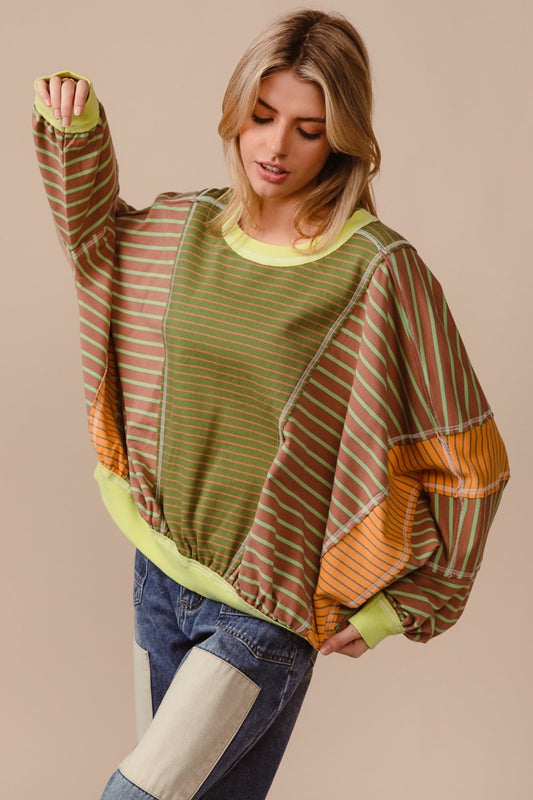 BiBi Color Block Striped Round Neck Sweatshirt Olive Latte Tops/Jackets/Sweaters BiBi Clothing Tops Ship from USA TikTok Trendsi USPS Walmart Trendsi https://www.cyberehub.com