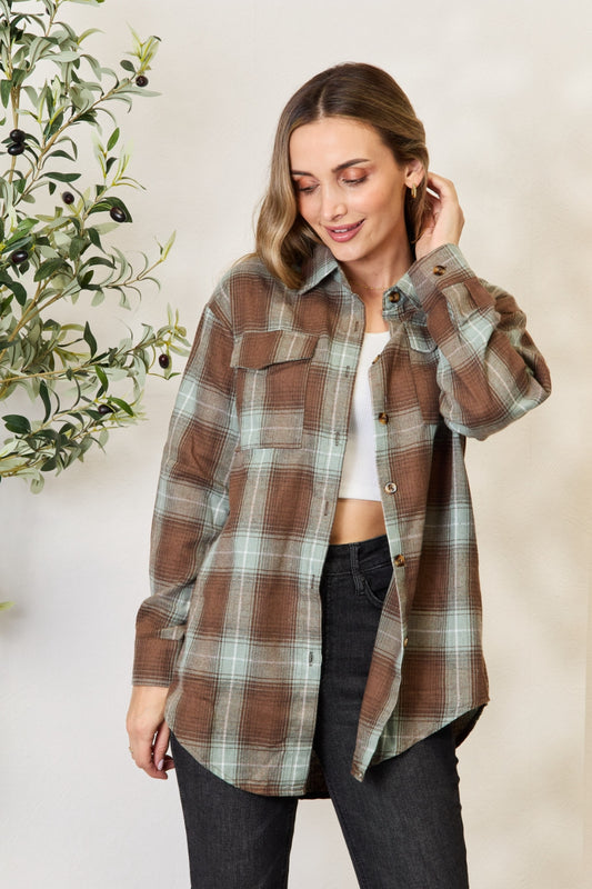 Mandy Plaid Dropped Shoulder Shirt Olive Brown Apparel/Tops Doorbusters Mandy Ship from USA TikTok Tops Trendsi USPS Walmart Walmart Apparel Trendsi https://www.cyberehub.com