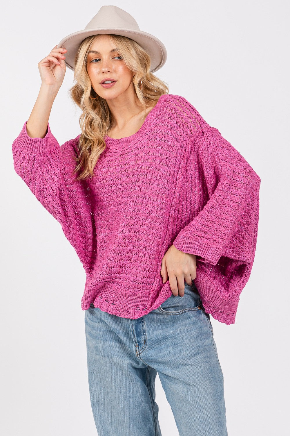 SAGE + FIG Distressed Asymmetrical Open Stitch Sweater Shirt Apparel Clothing Tops SAGE+FIG Ship from USA Shirts USA Women Trendsi https://www.cyberehub.com
