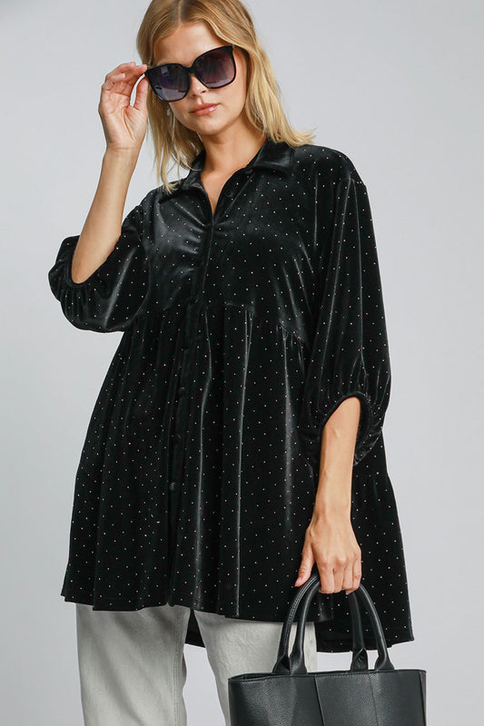 Umgee Full Size Polka Dot Button Up Half Sleeve Shirt Black Apparel/Tops Ship from USA TikTok Tops Trendsi Umgee USA USPS Walmart Walmart Apparel Trendsi https://www.cyberehub.com