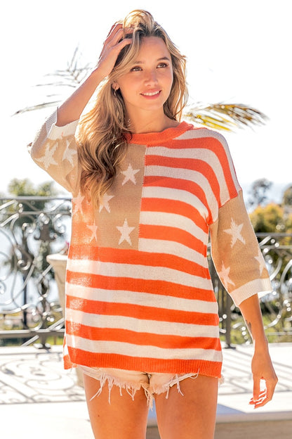 BiBi American Flag Round Neck Knit Top Shirt Apparel BiBi Clothing Tops Mother's Day Sale Ship from USA Shirts USA Women Trendsi https://www.cyberehub.com