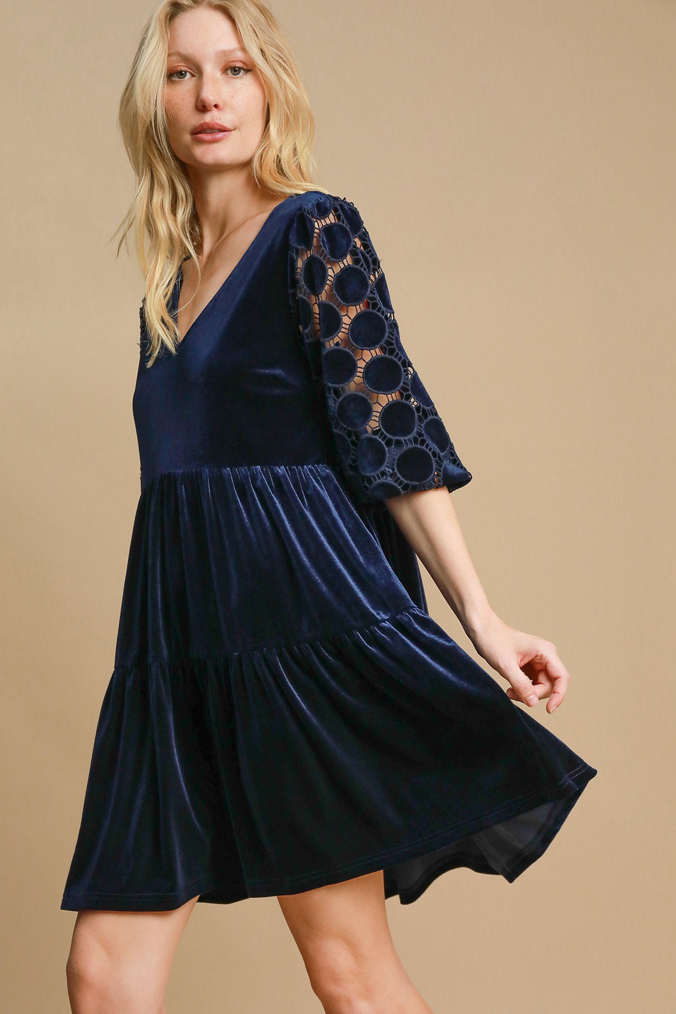 Umgee Dotted Lace Sleeve Tiered Velvet Mini Dress Apparel Apparel Ship from USA TikTok Trendsi Umgee USA Trendsi https://www.cyberehub.com