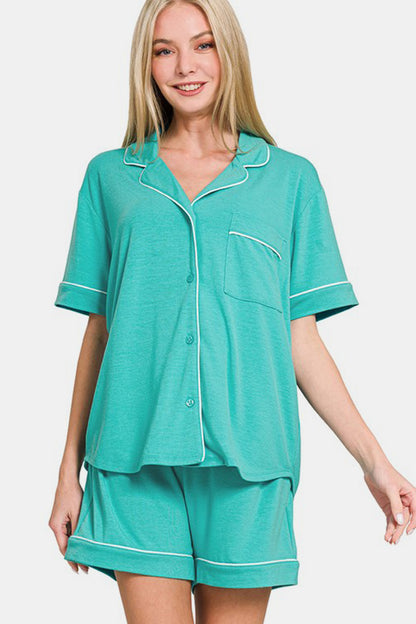 Zenana Button Down Short Sleeve Top and Shorts Lounge Set Turquoise Apparel Apparel Out of stock Ship from USA TikTok Trendsi Zenana Trendsi https://www.cyberehub.com