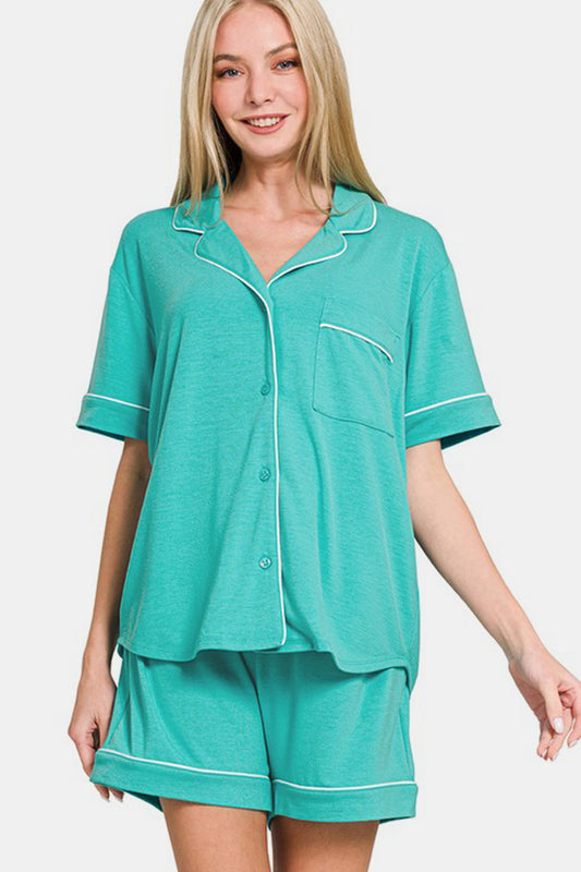 Zenana Button Down Short Sleeve Top and Shorts Lounge Set Turquoise Apparel Apparel Out of stock Ship from USA TikTok Trendsi Zenana Trendsi https://www.cyberehub.com