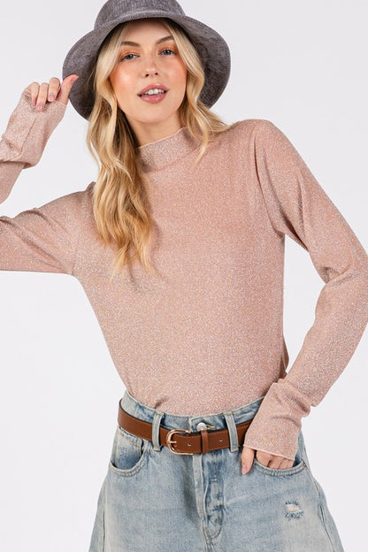 SAGE + FIG Glitter Mock Neck Lettuce Hem Long Sleeve Top Apricot Apparel Apparel SAGE+FIG Ship from USA TikTok Trendsi Trendsi https://www.cyberehub.com