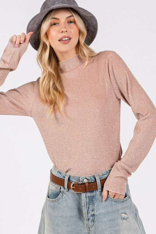 SAGE + FIG Glitter Mock Neck Lettuce Hem Long Sleeve Top Apricot Apparel Apparel SAGE+FIG Ship from USA TikTok Trendsi Trendsi https://www.cyberehub.com