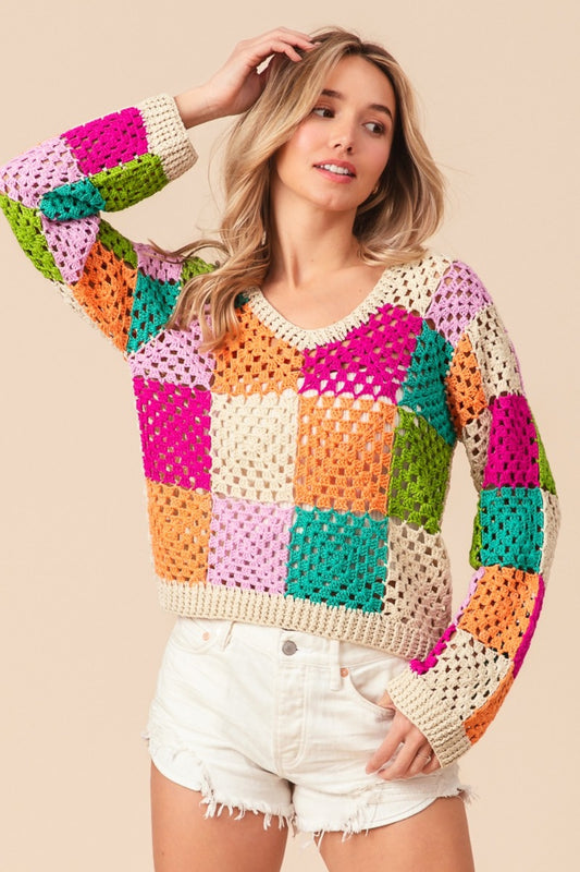 BiBi Multi Color Checkered Long Sleeve Knit Top Oatmeal Multi Shirt Apparel BiBi Clothing Tops Ship from USA Shirts USA Women Trendsi https://www.cyberehub.com