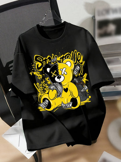Splicing Bear And Letter Printed Casual T-shirt, Round Neck Loose Top With Dropped Shoulders, Suitable For Spring And Summer Apparel/Shirt/Graphic Shirt SNULLO https://www.cyberehub.com