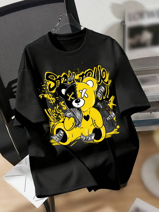 Splicing Bear And Letter Printed Casual T-shirt, Round Neck Loose Top With Dropped Shoulders, Suitable For Spring And Summer Apparel/Shirt/Graphic Shirt SNULLO https://www.cyberehub.com