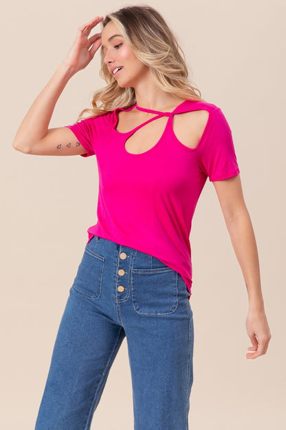 BiBi Cutout Asymmetrical Neck Short Sleeve T-Shirt Tops/Jackets/Sweaters BiBi Clothing Tops Ship from USA TikTok Trendsi USPS Walmart Trendsi https://www.cyberehub.com