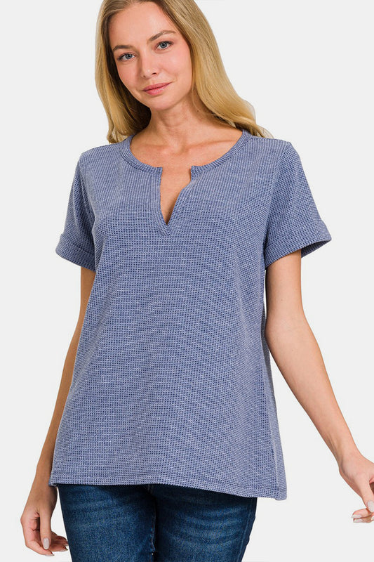Zenana Notched Short Sleeve Waffle T-Shirt DENIM Apparel/Tops Ship from USA TikTok Tops Trendsi USPS Walmart Walmart Apparel Zenana Trendsi https://www.cyberehub.com