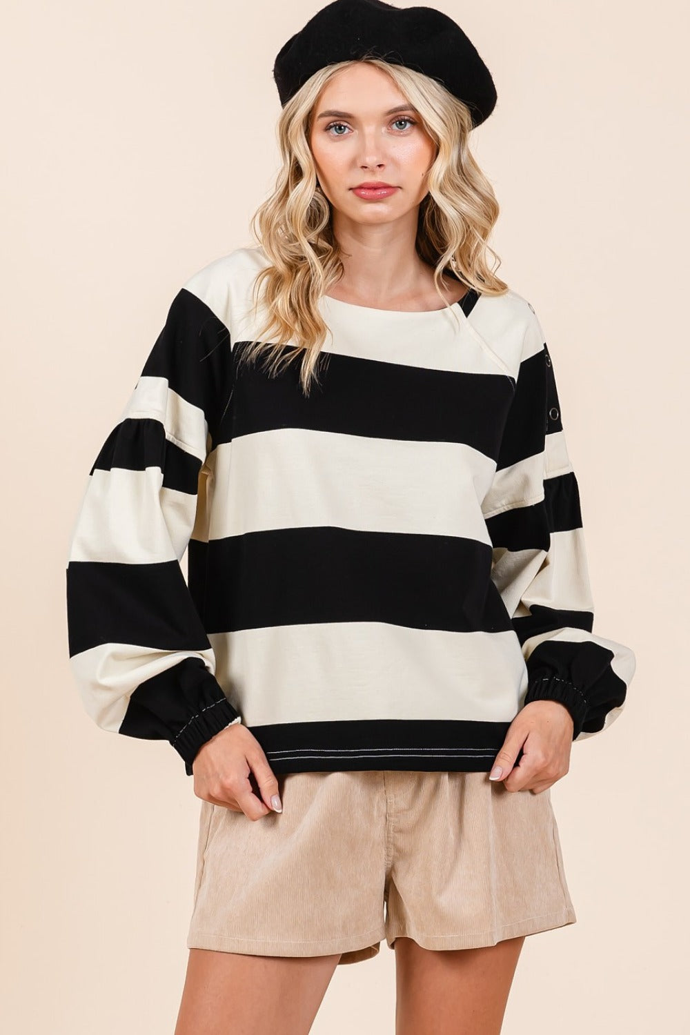Mittoshop Striped Snap Shoulder Long Sleeve T-Shirt Black Ivory Apparel/Tops Mittoshop Ship from USA TikTok Tops Trendsi USPS Walmart Walmart Apparel Trendsi https://www.cyberehub.com