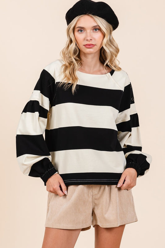 Mittoshop Striped Snap Shoulder Long Sleeve T-Shirt Black Ivory Apparel/Tops Mittoshop Ship from USA TikTok Tops Trendsi USPS Walmart Walmart Apparel Trendsi https://www.cyberehub.com