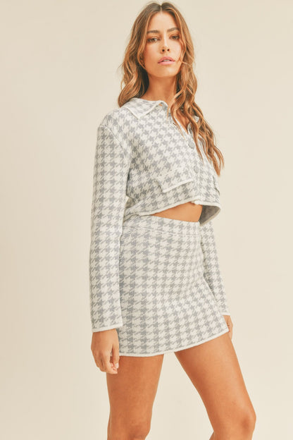 MABLE Houndstooth Cropped Knit Cardigan and Mini Skirt Set Shirt Apparel Clothing Tops MABLE Ship from USA Shirts USA Women Trendsi https://www.cyberehub.com